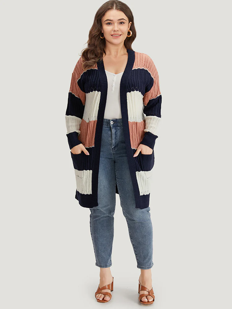 Colorblock Contrast Eyelet Open Front Cardigan - Image 5