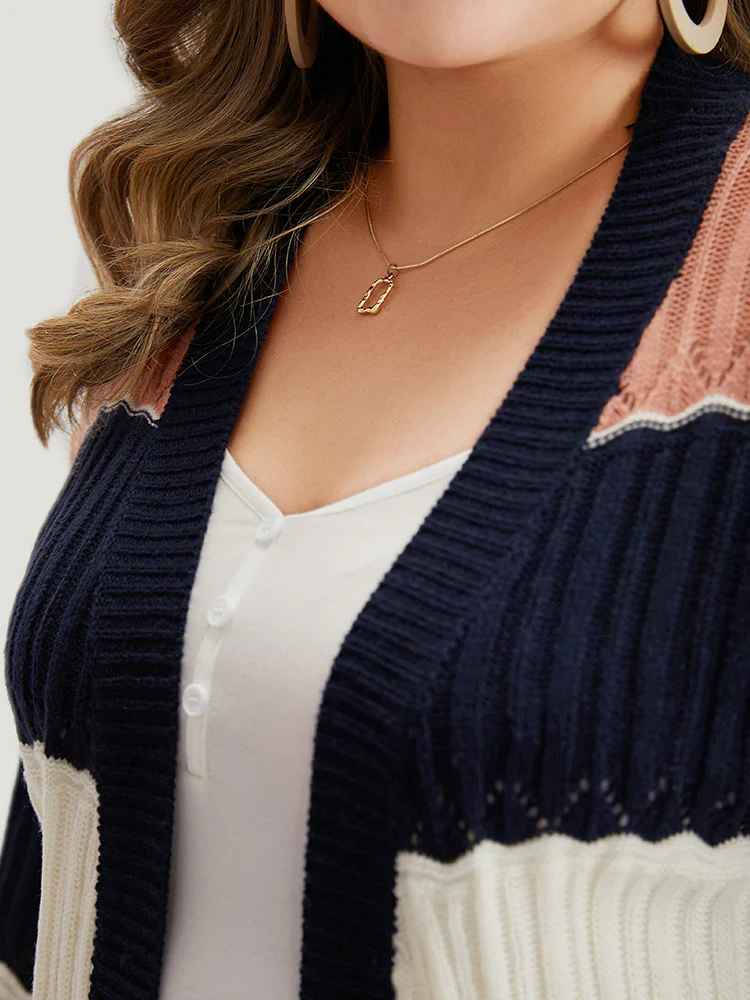 Colorblock Contrast Eyelet Open Front Cardigan - Image 6