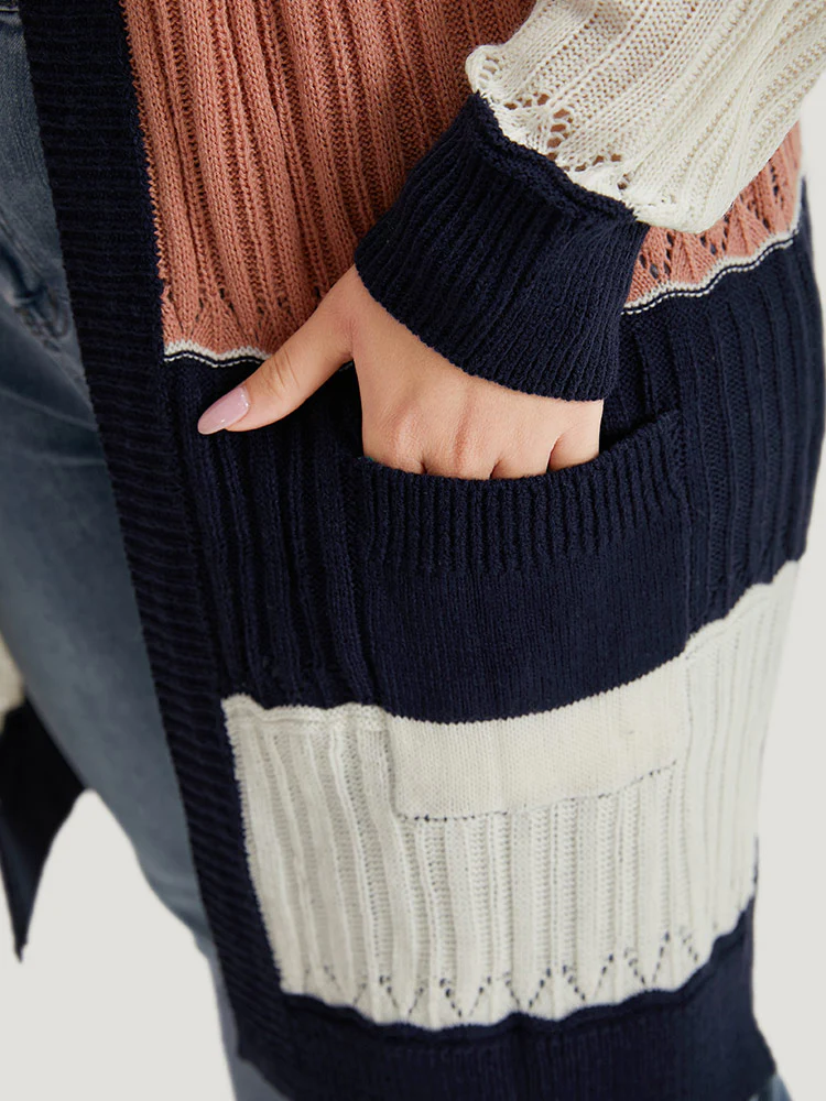 Colorblock Contrast Eyelet Open Front Cardigan - Image 7