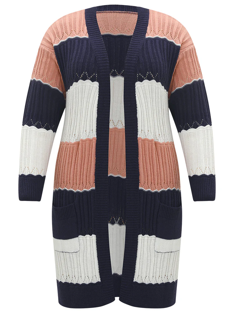 Colorblock Contrast Eyelet Open Front Cardigan - Image 9