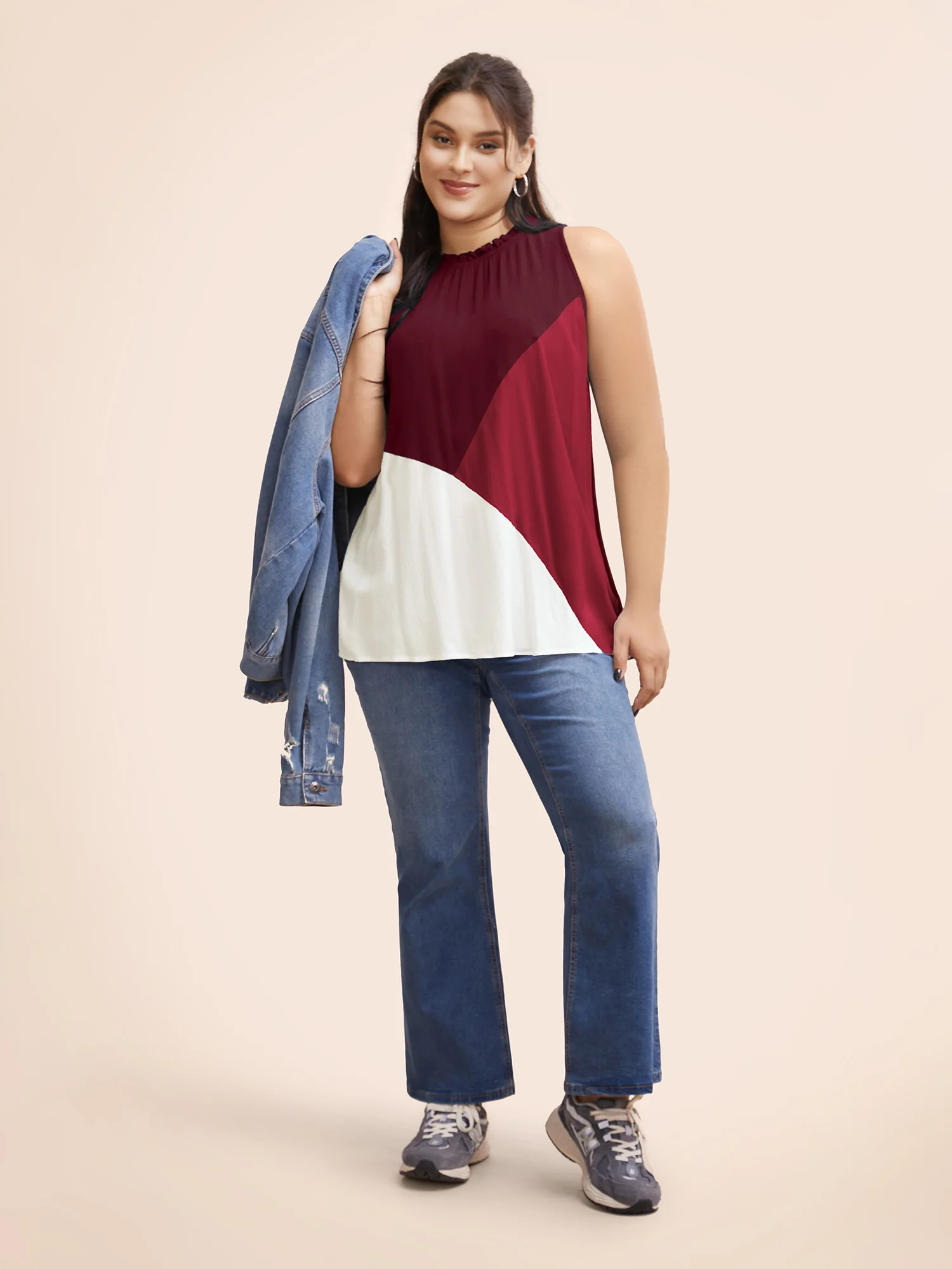 Colorblock Contrast Frill Trim Gathered Tank Top - Image 2