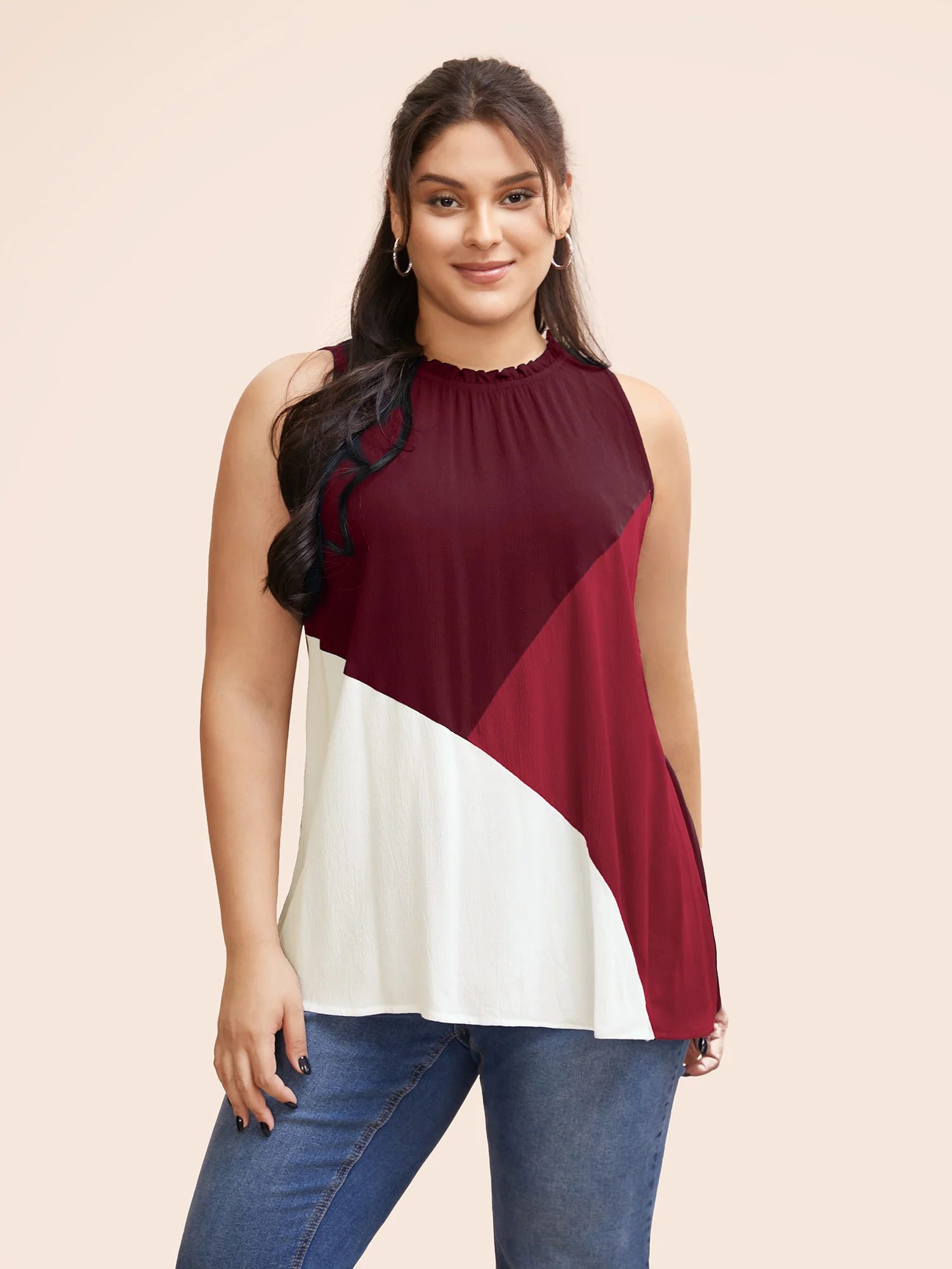 Colorblock Contrast Frill Trim Gathered Tank Top - Image 3