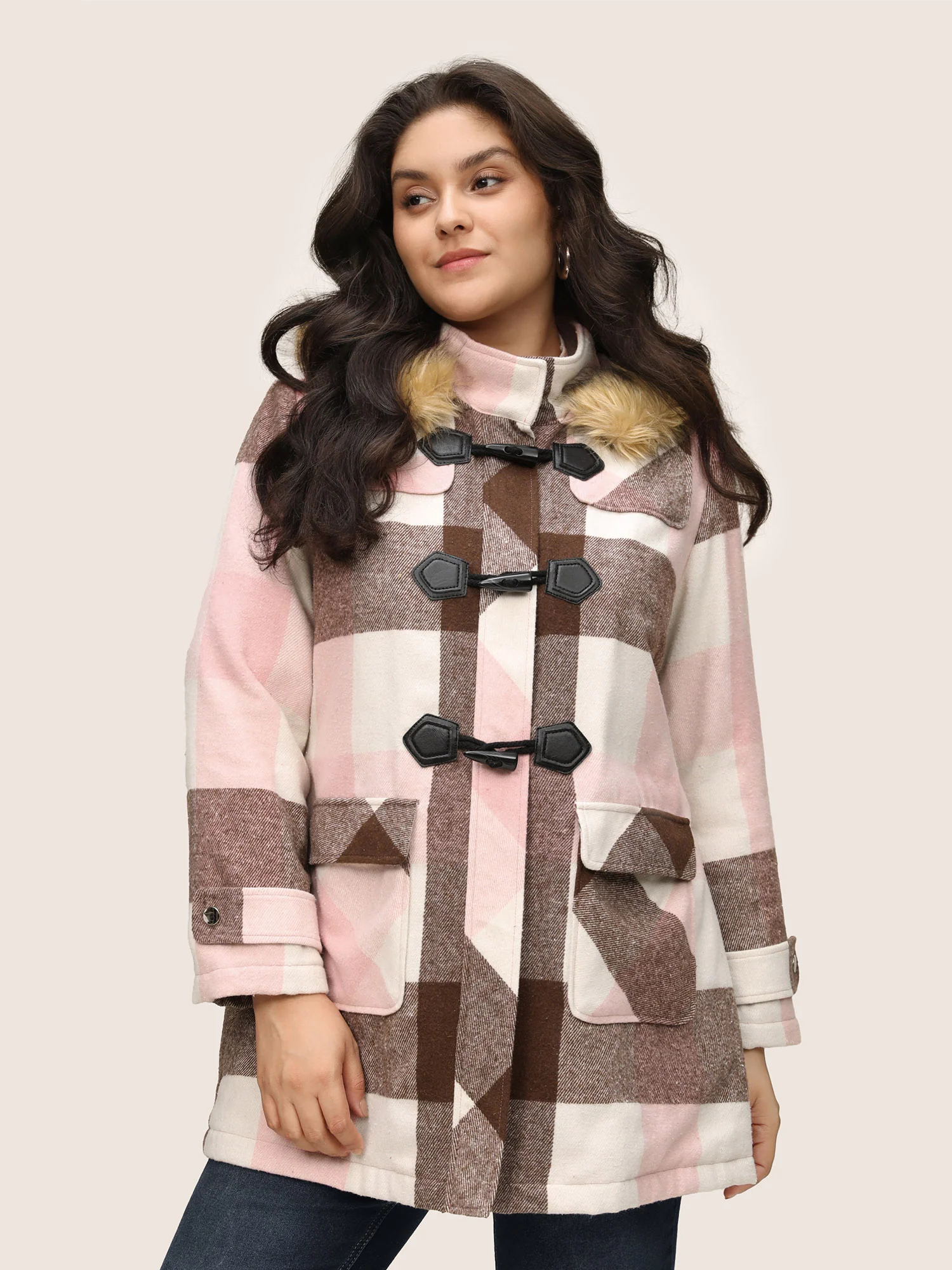 Colorblock Contrast Fuzzy Trim Duffle Button Coat - Image 2
