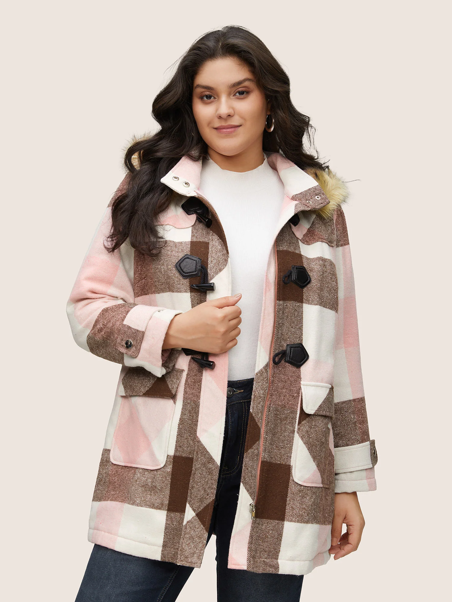 Colorblock Contrast Fuzzy Trim Duffle Button Coat - Image 3