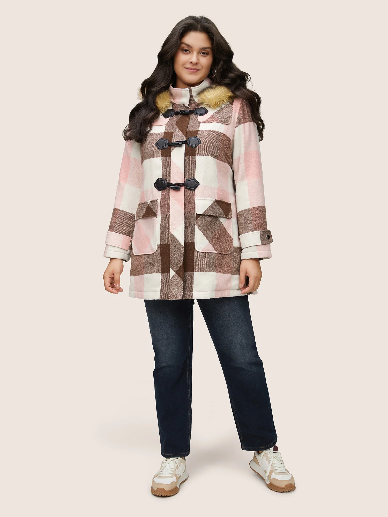 Colorblock Contrast Fuzzy Trim Duffle Button Coat - Image 4