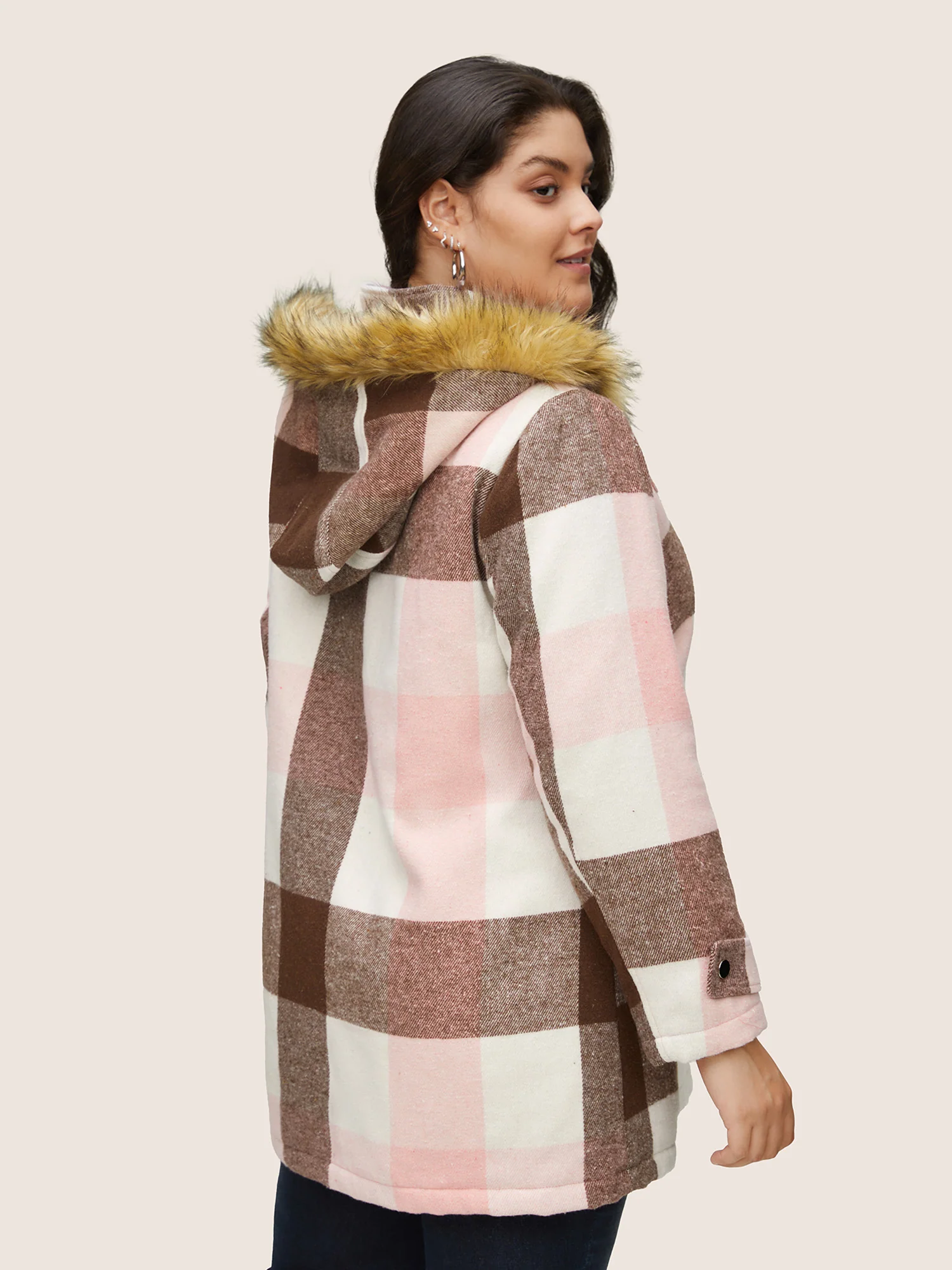 Colorblock Contrast Fuzzy Trim Duffle Button Coat - Image 5