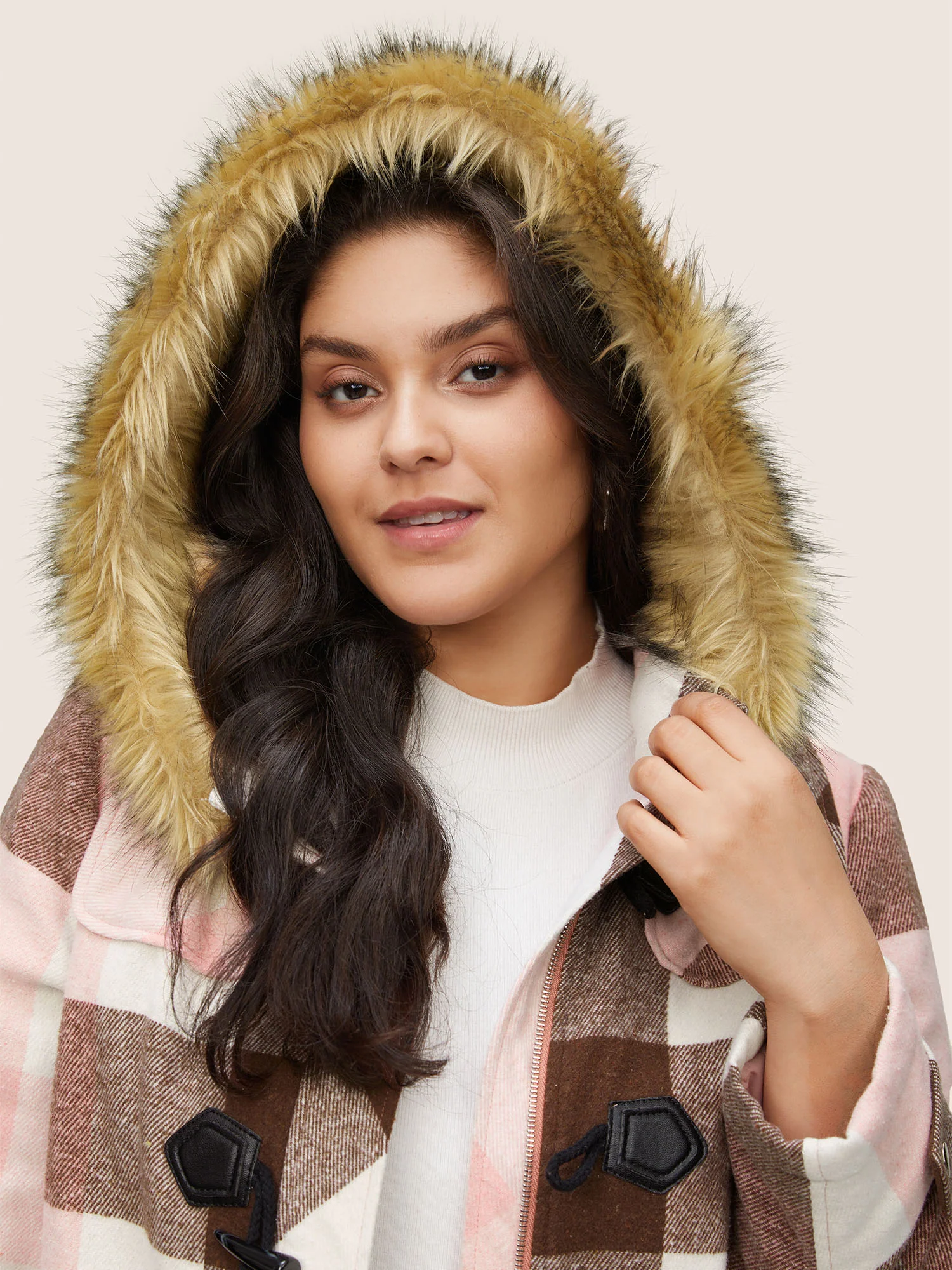 Colorblock Contrast Fuzzy Trim Duffle Button Coat - Image 6