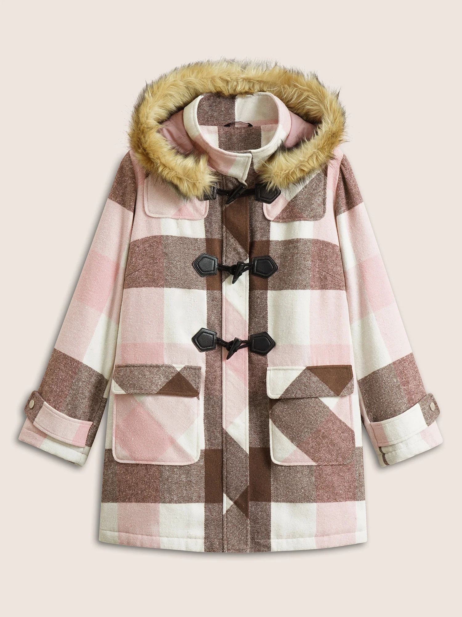 Colorblock Contrast Fuzzy Trim Duffle Button Coat - Image 8