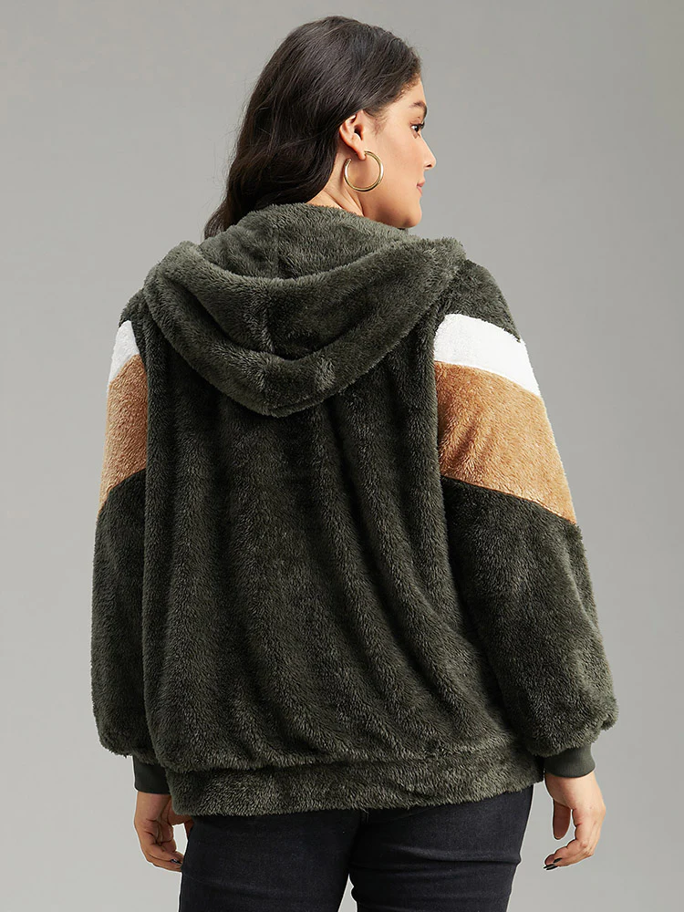 Colorblock Contrast Fuzzy Zipper Jacket - Image 2