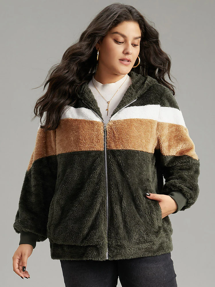 Colorblock Contrast Fuzzy Zipper Jacket - Image 3