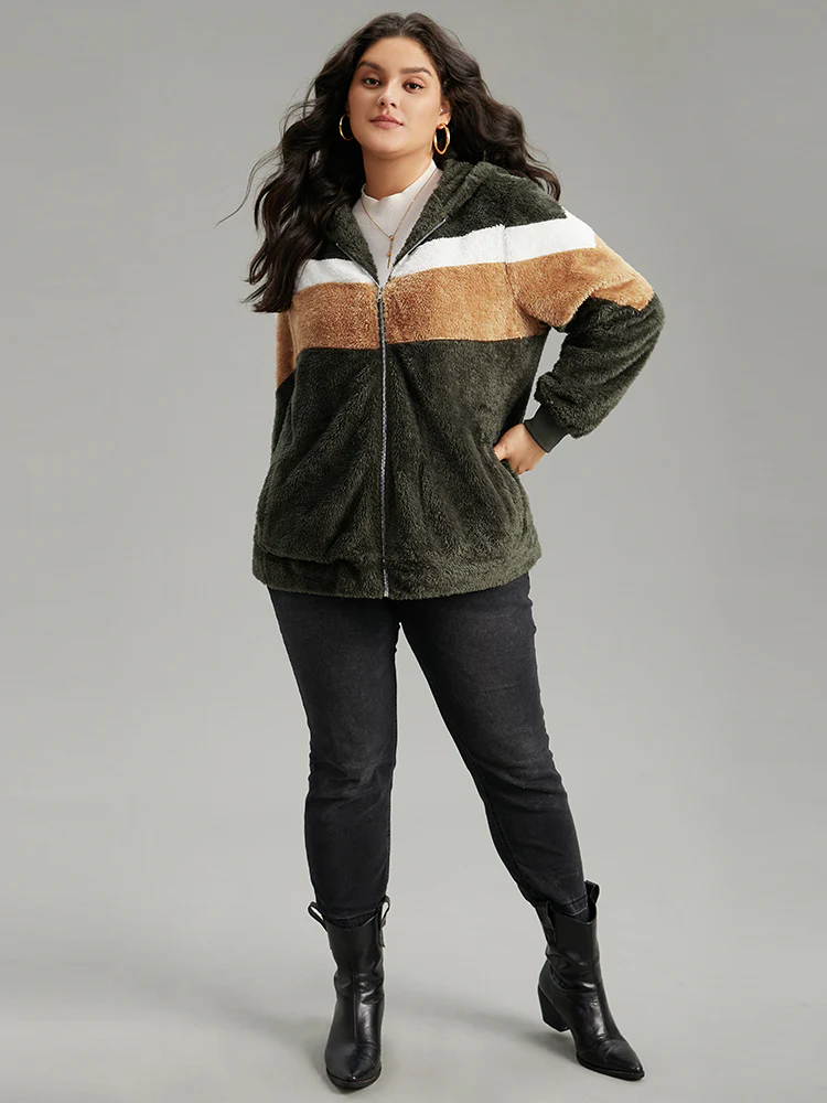Colorblock Contrast Fuzzy Zipper Jacket - Image 4