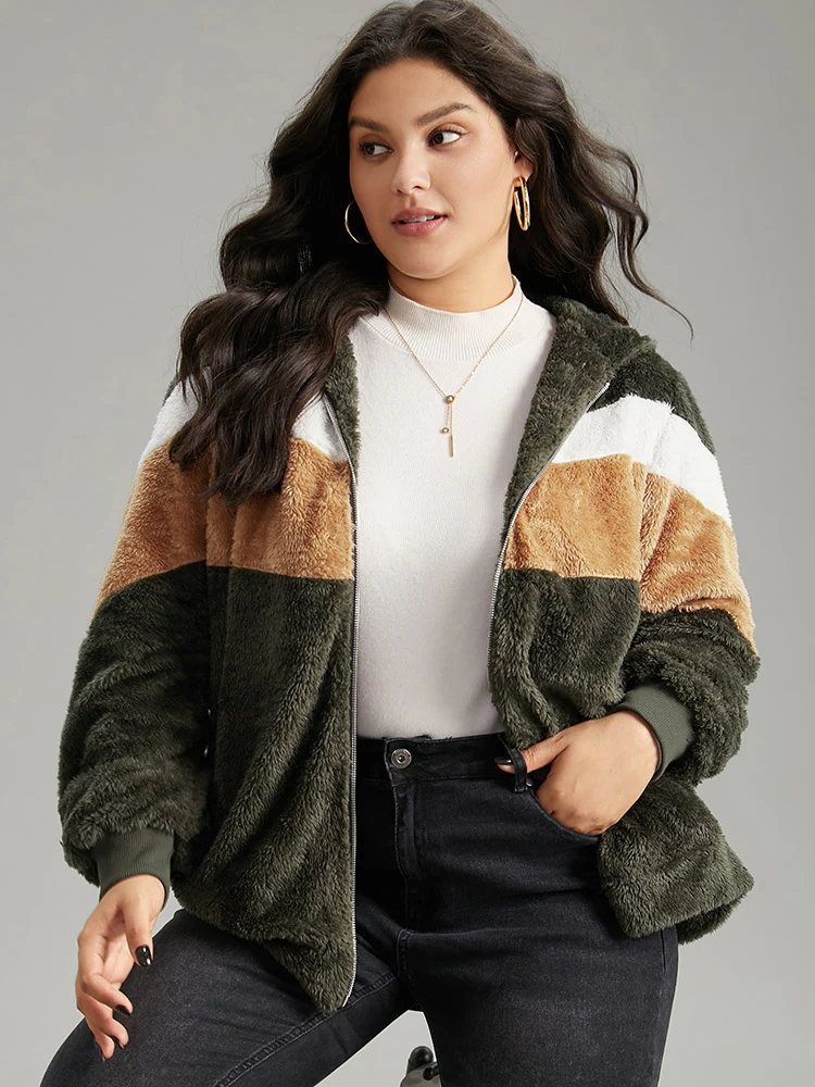 Colorblock Contrast Fuzzy Zipper Jacket - Image 5