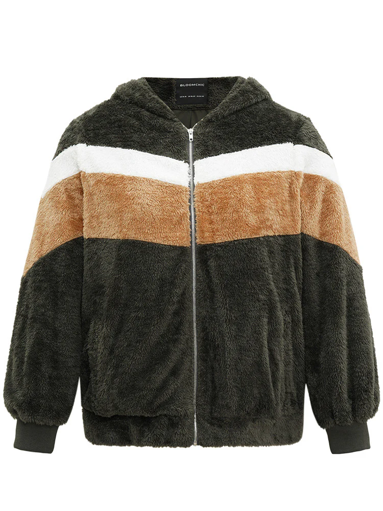 Colorblock Contrast Fuzzy Zipper Jacket - Image 7