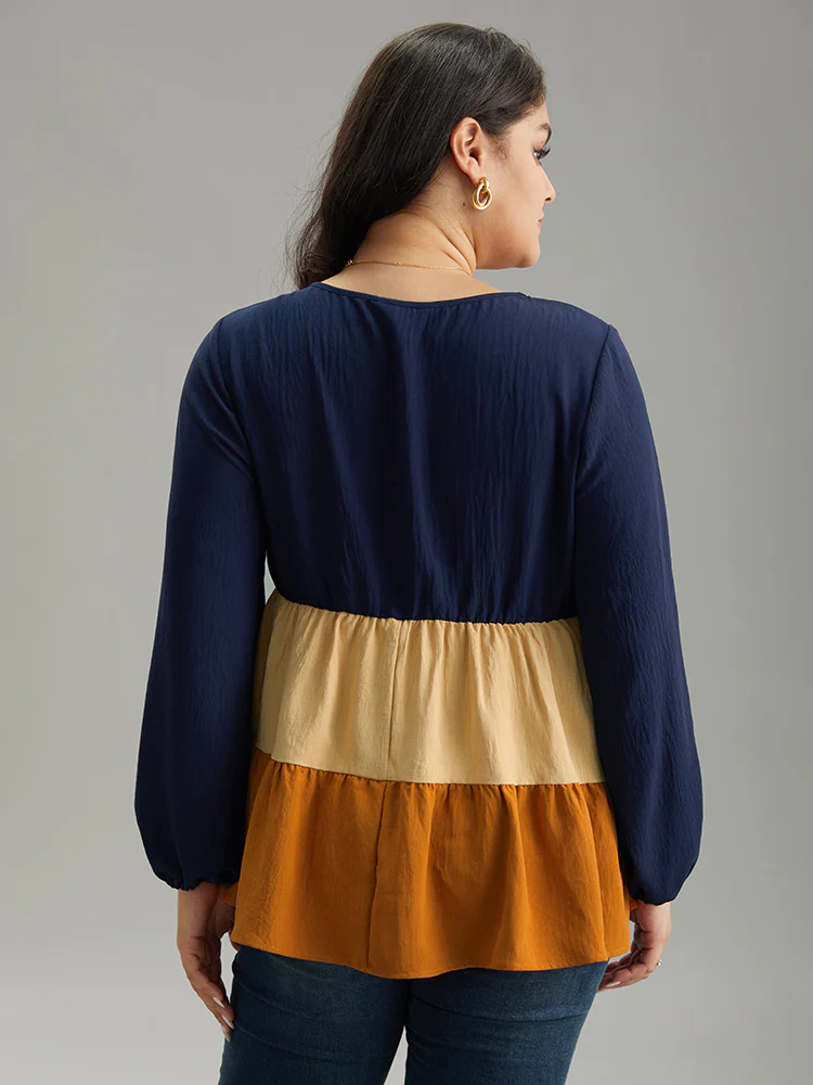 Colorblock Contrast Gathered Ruffle Layered Hem Blouse - Image 2