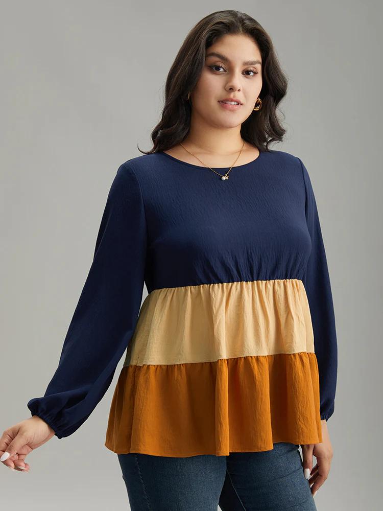 Colorblock Contrast Gathered Ruffle Layered Hem Blouse - Image 3