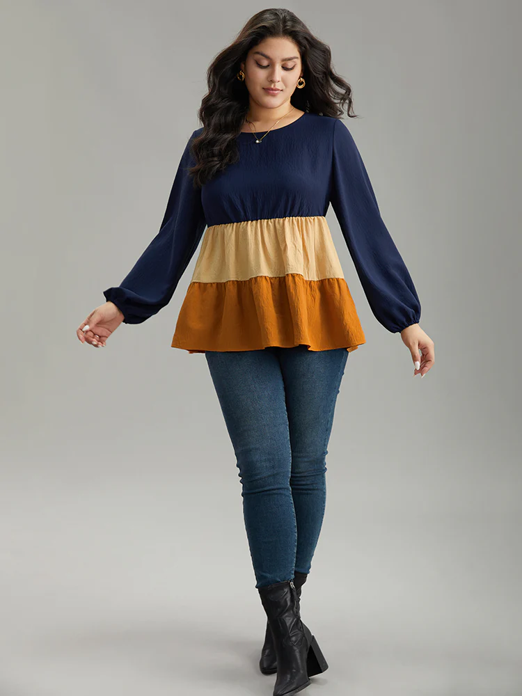 Colorblock Contrast Gathered Ruffle Layered Hem Blouse - Image 4