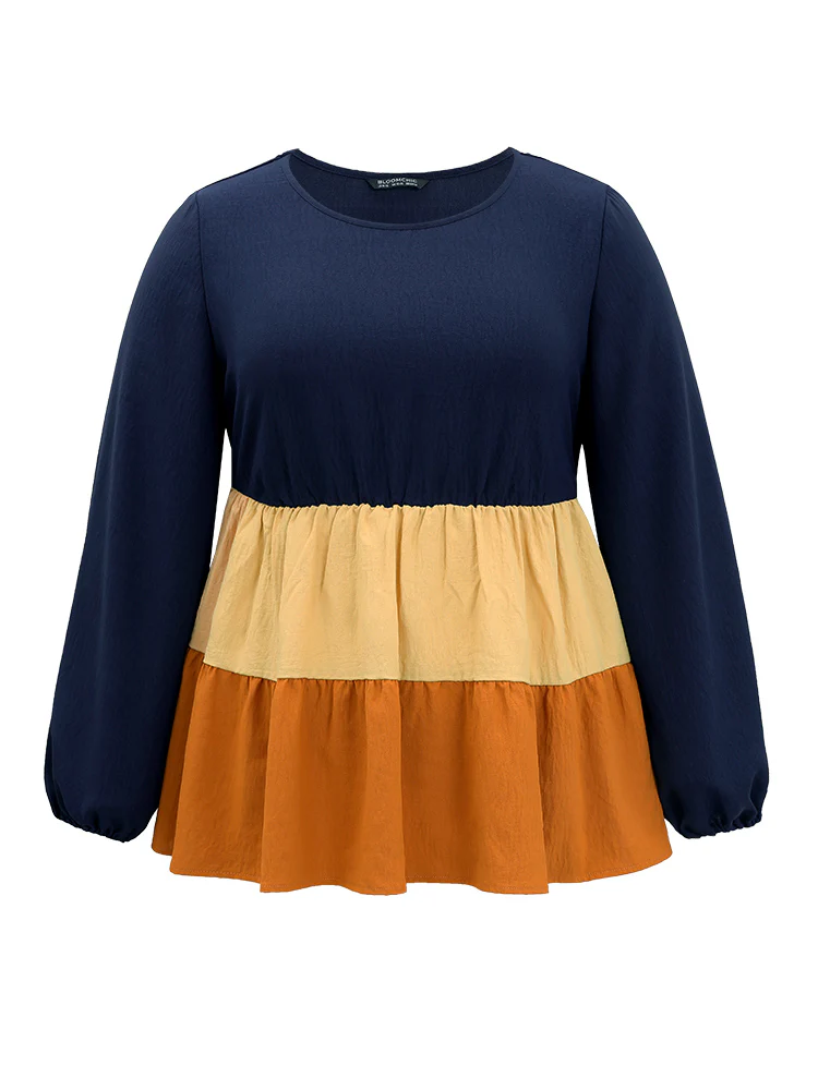 Colorblock Contrast Gathered Ruffle Layered Hem Blouse - Image 7