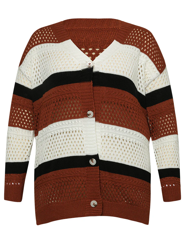 Colorblock Contrast Geo Eyelet Button Through Cardigan - Image 10