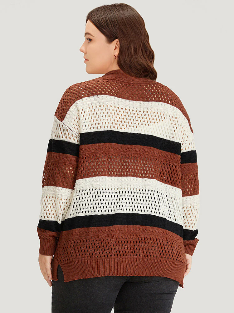 Colorblock Contrast Geo Eyelet Button Through Cardigan - Image 2