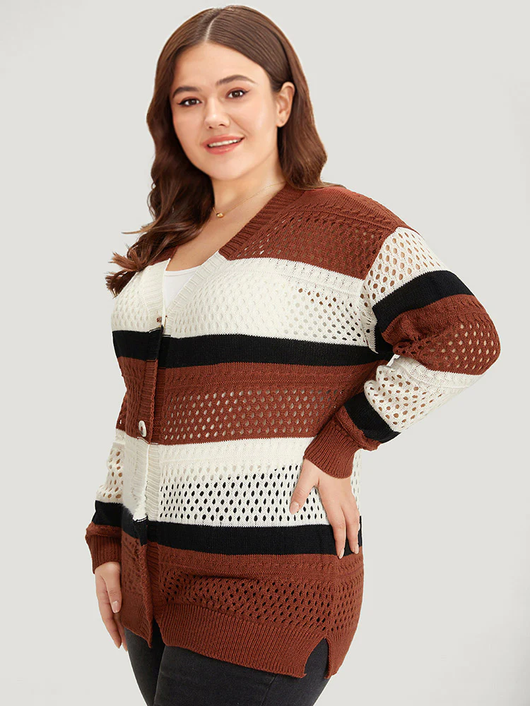 Colorblock Contrast Geo Eyelet Button Through Cardigan - Image 3