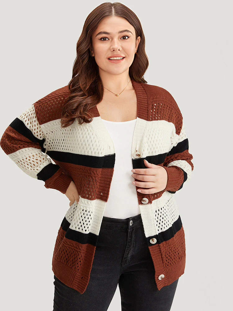 Colorblock Contrast Geo Eyelet Button Through Cardigan - Image 4