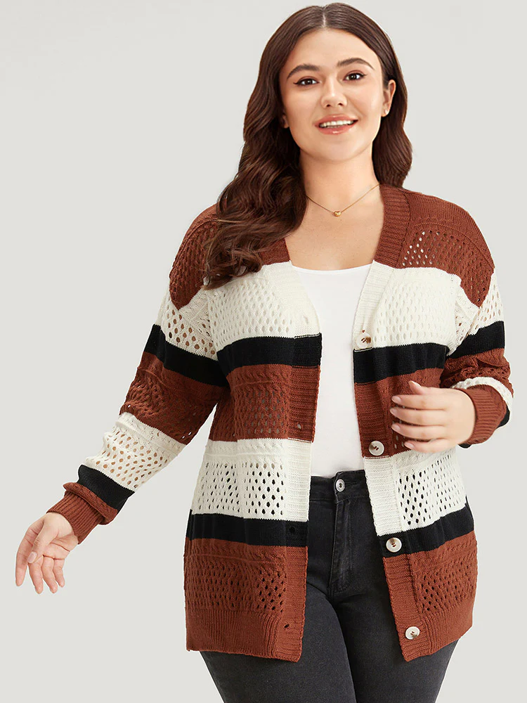 Colorblock Contrast Geo Eyelet Button Through Cardigan - Image 5