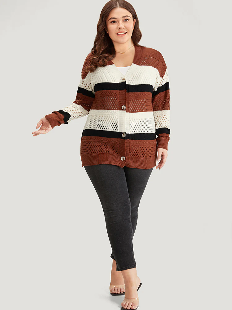 Colorblock Contrast Geo Eyelet Button Through Cardigan - Image 6
