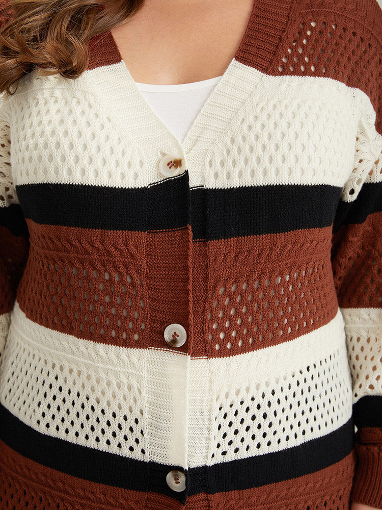 Colorblock Contrast Geo Eyelet Button Through Cardigan - Image 7