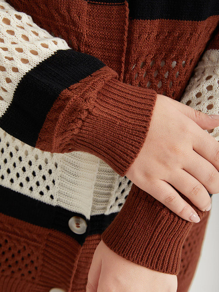 Colorblock Contrast Geo Eyelet Button Through Cardigan - Image 8