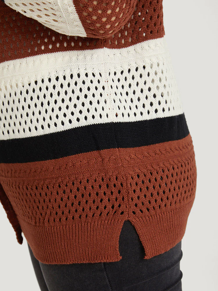 Colorblock Contrast Geo Eyelet Button Through Cardigan - Image 9