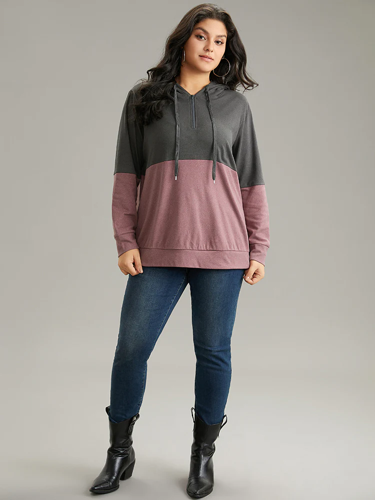 Colorblock Contrast Half Zip Hooded Sweatshirt - Image 3