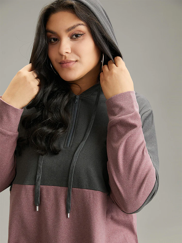 Colorblock Contrast Half Zip Hooded Sweatshirt - Image 4