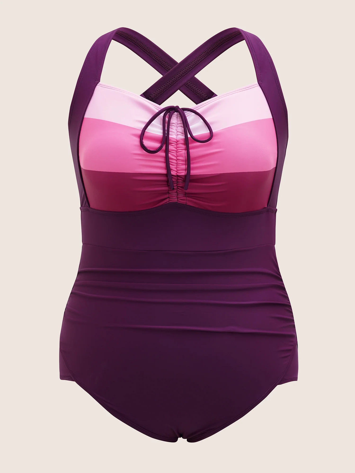 Colorblock Contrast Heart Neckline Drawstring One Piece Swimsuit - Image 7