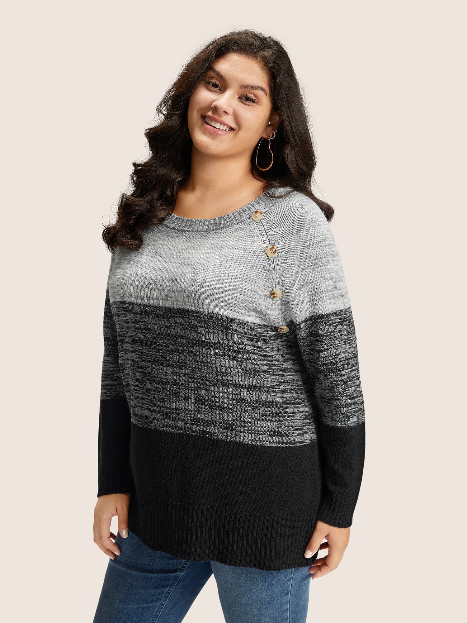 Colorblock Contrast Heather Button Detail Pullover - Image 9