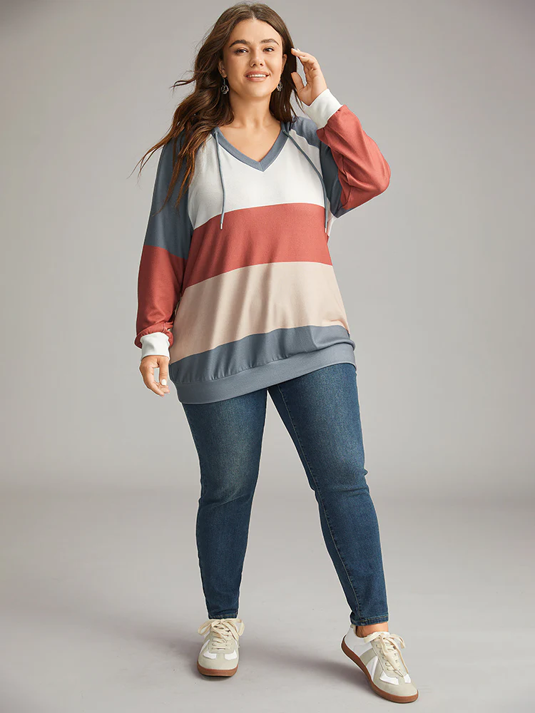 Colorblock Contrast Hooded Drawstring Sweatshirt - Image 9