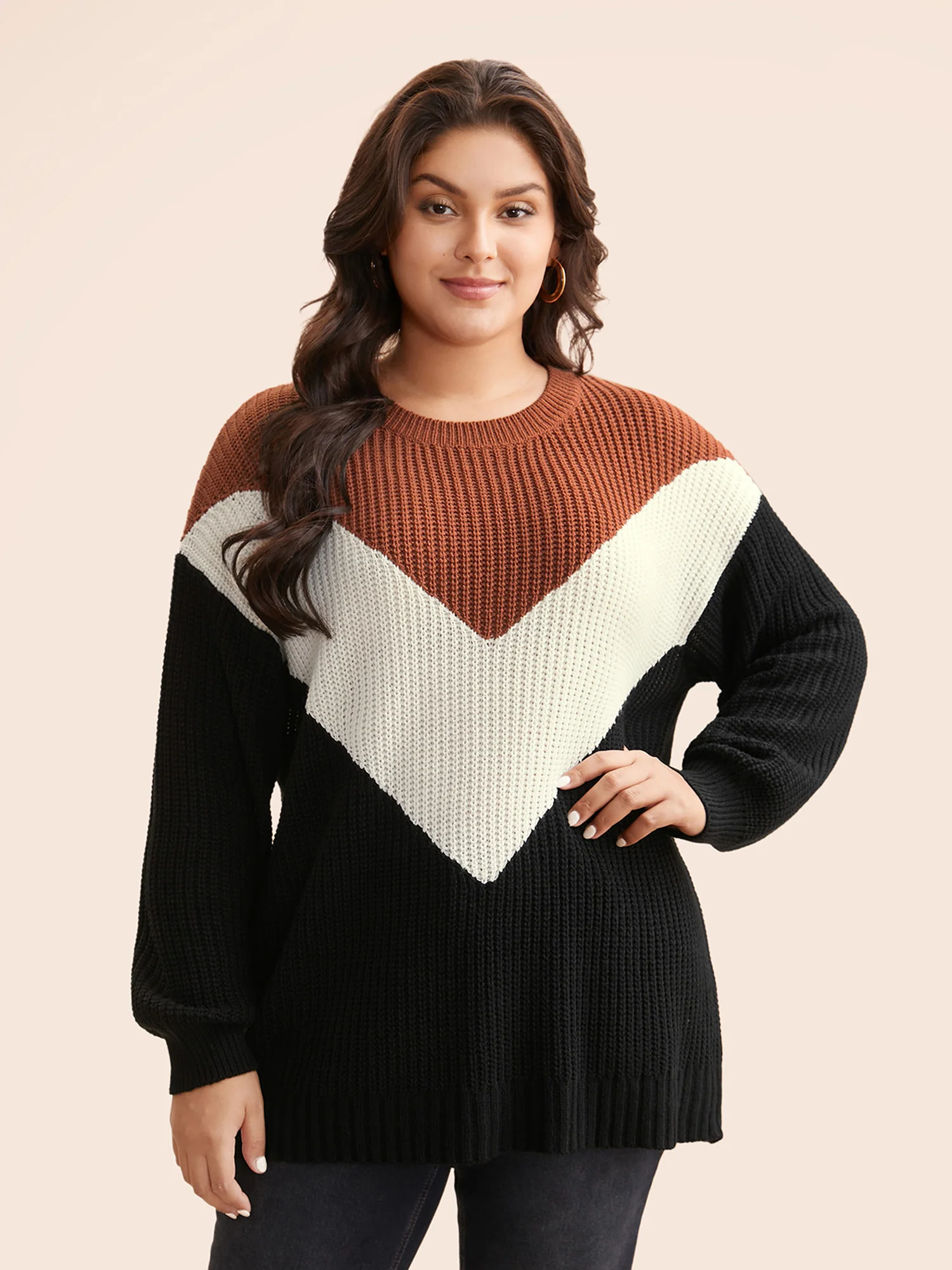 Colorblock Contrast Lantern Sleeve Pullover - Image 2