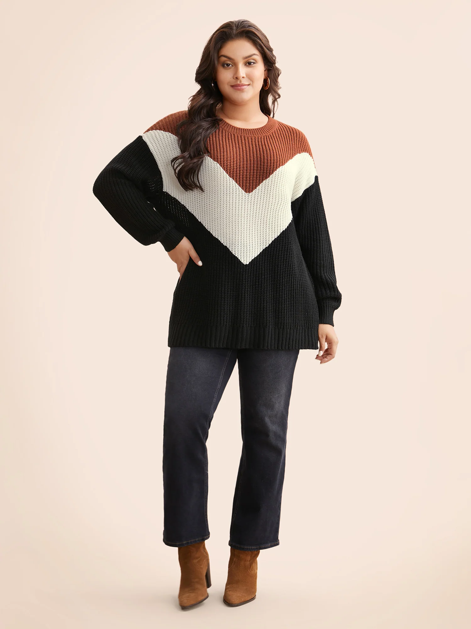 Colorblock Contrast Lantern Sleeve Pullover - Image 4