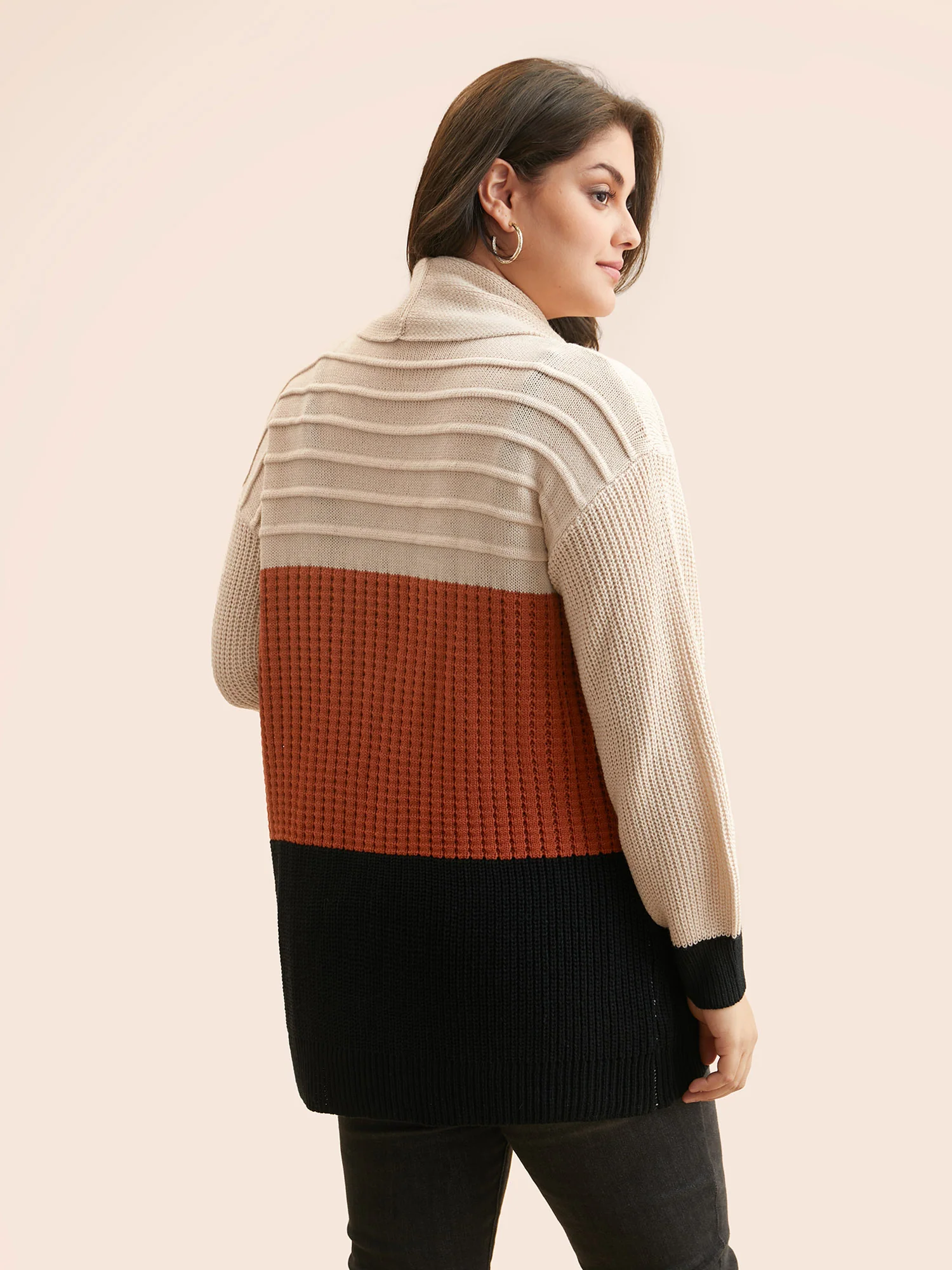Colorblock Contrast Lapel Collar Texture Cardigan - Image 2