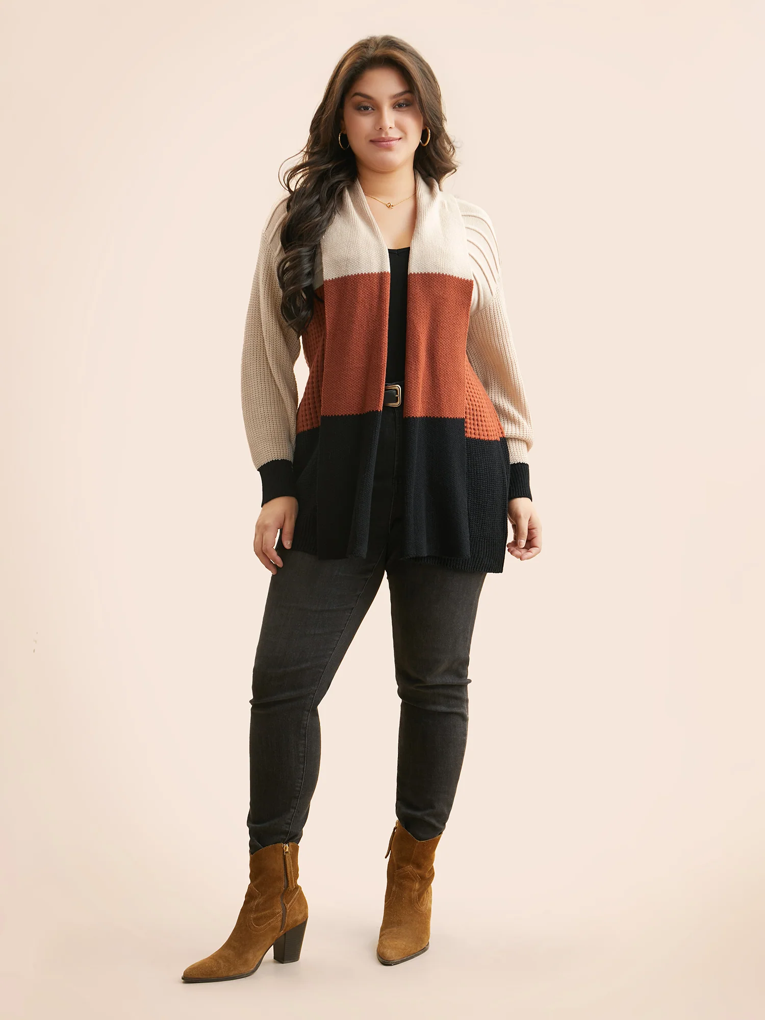 Colorblock Contrast Lapel Collar Texture Cardigan - Image 3