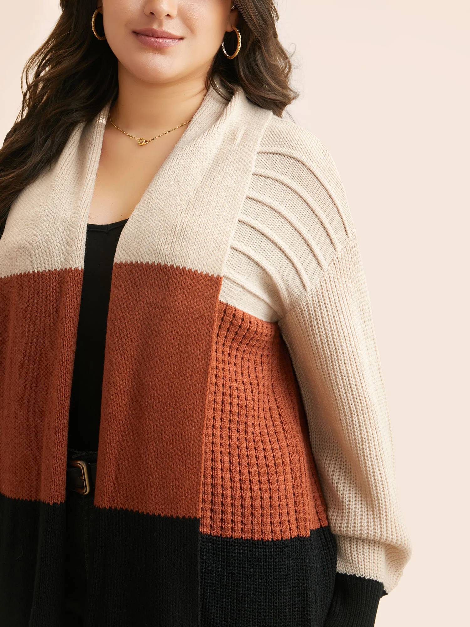Colorblock Contrast Lapel Collar Texture Cardigan - Image 4