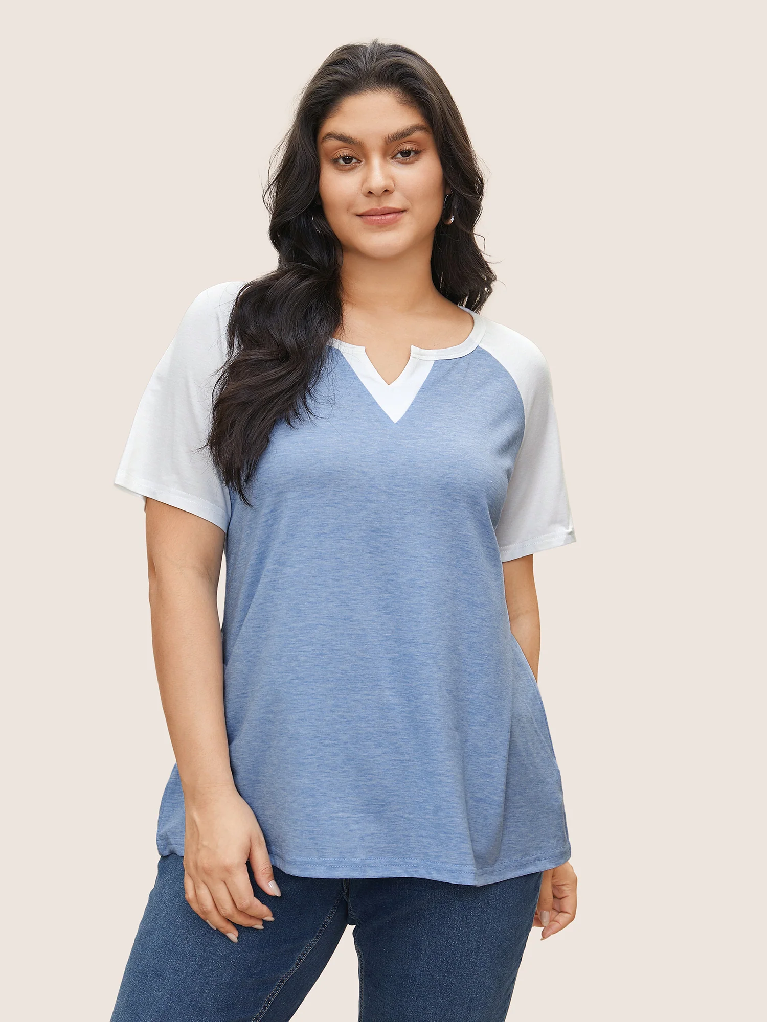 Colorblock Contrast Notched Raglan Sleeve T-shirt - Image 13