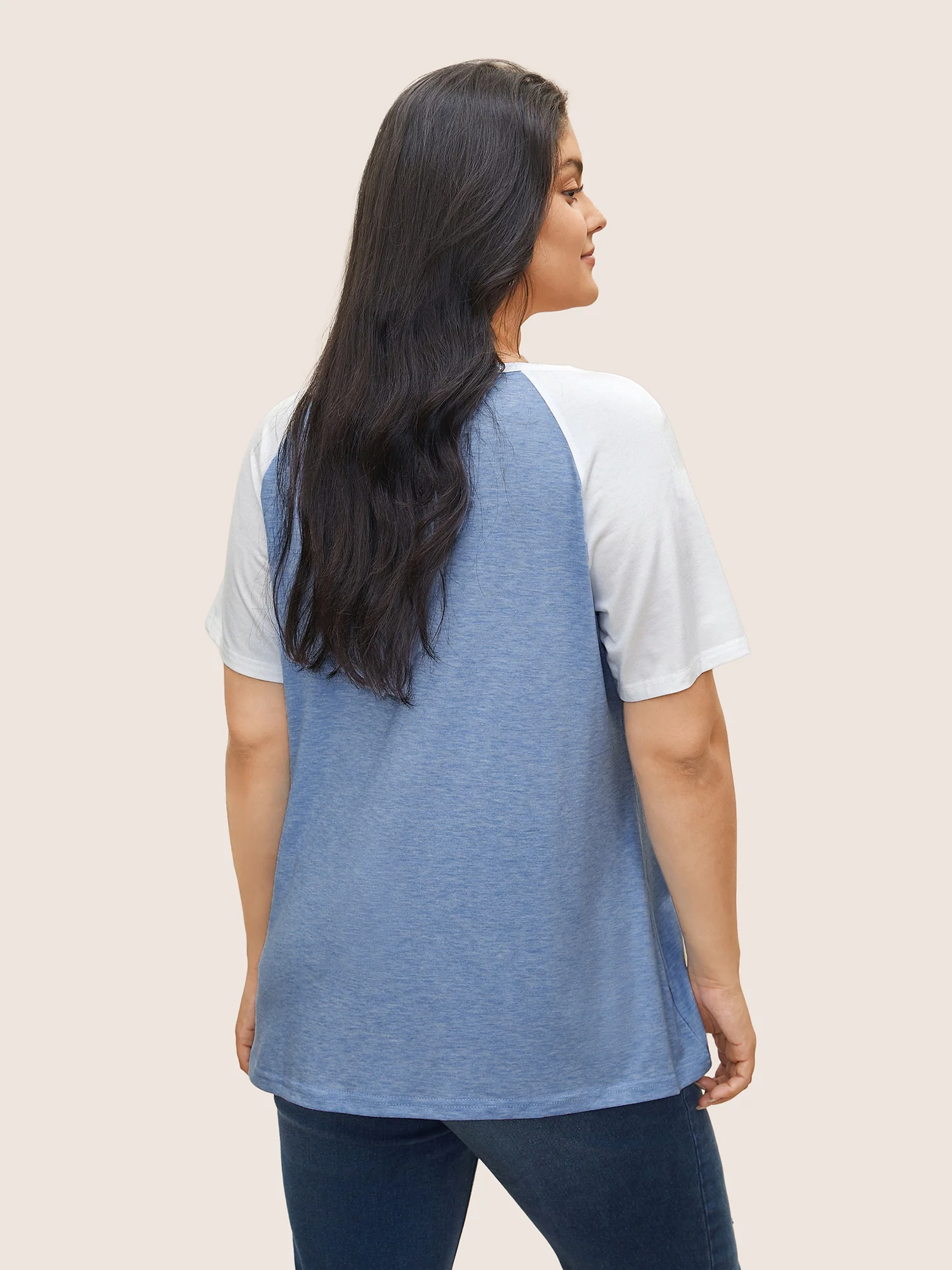 Colorblock Contrast Notched Raglan Sleeve T-shirt - Image 14