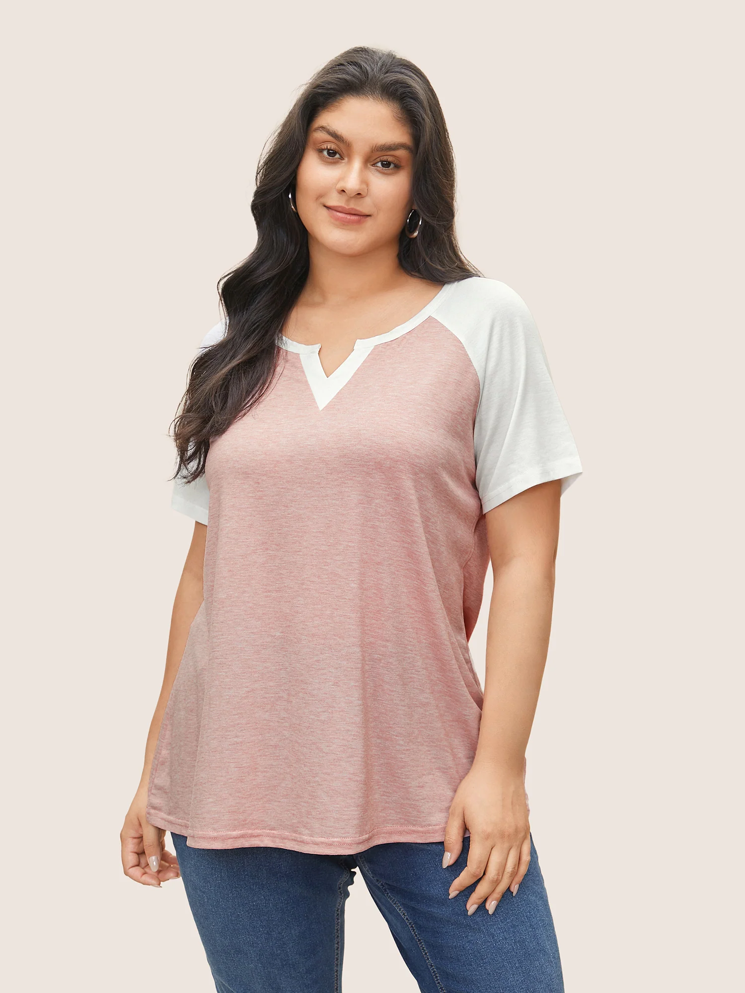 Colorblock Contrast Notched Raglan Sleeve T-shirt - Image 19