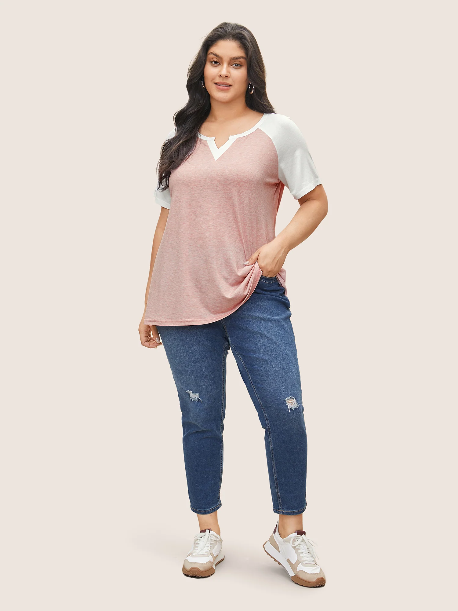 Colorblock Contrast Notched Raglan Sleeve T-shirt - Image 21