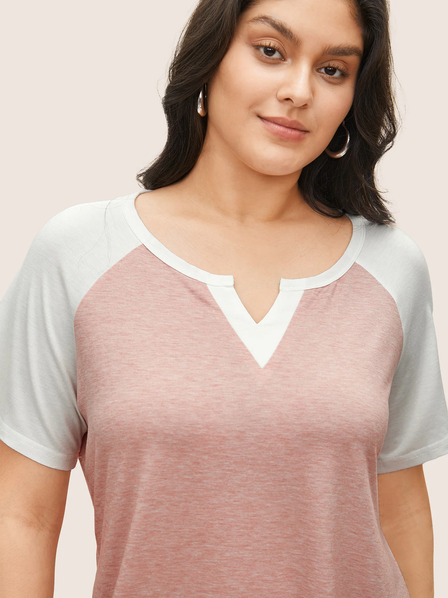 Colorblock Contrast Notched Raglan Sleeve T-shirt - Image 22