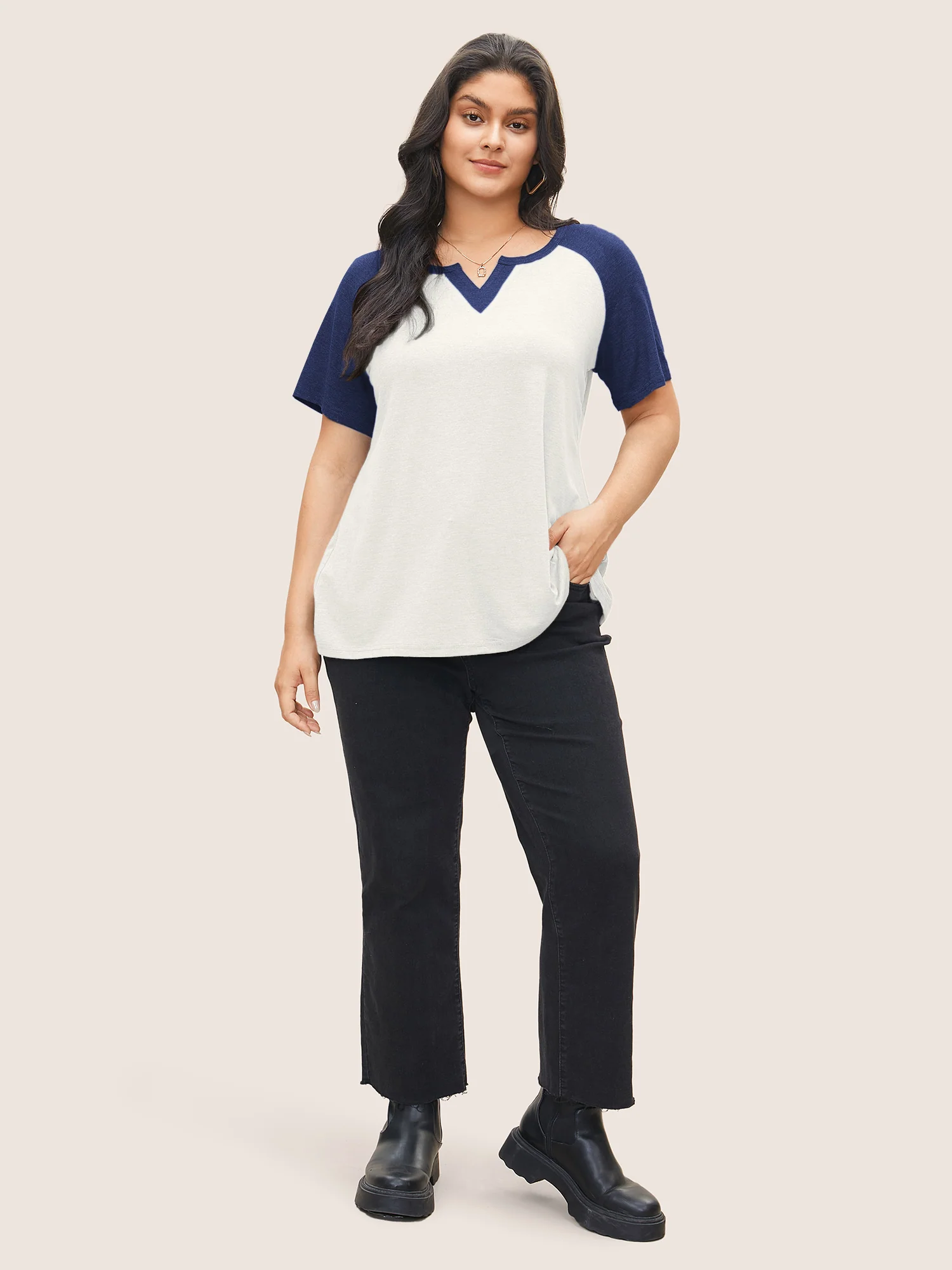 Colorblock Contrast Notched Raglan Sleeve T-shirt - Image 26