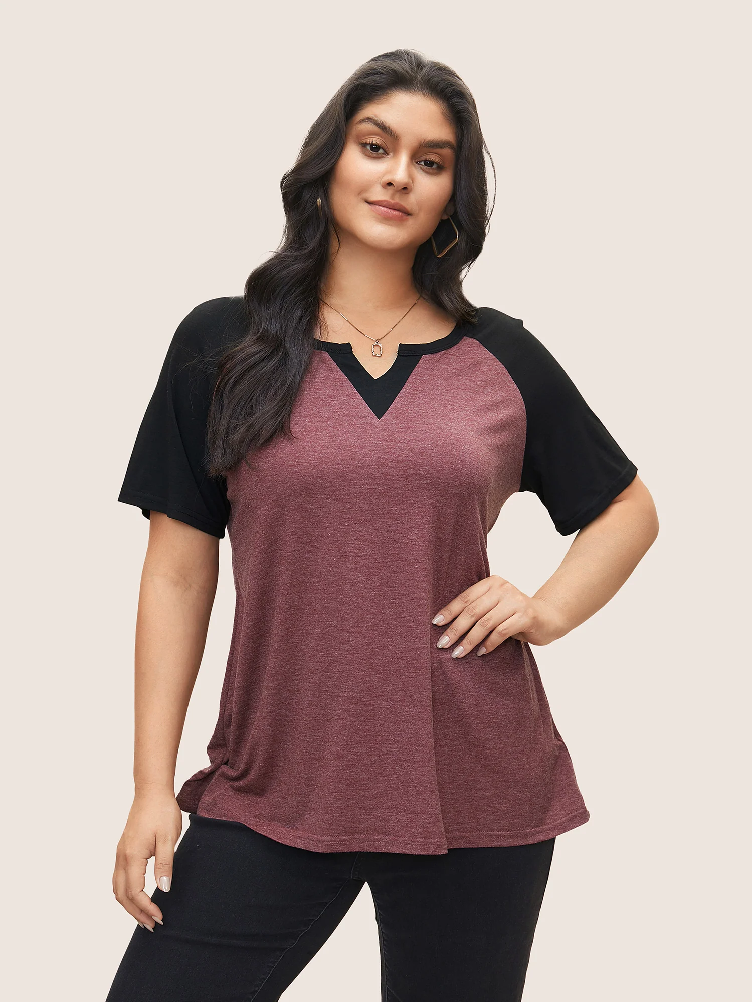 Colorblock Contrast Notched Raglan Sleeve T-shirt - Image 7
