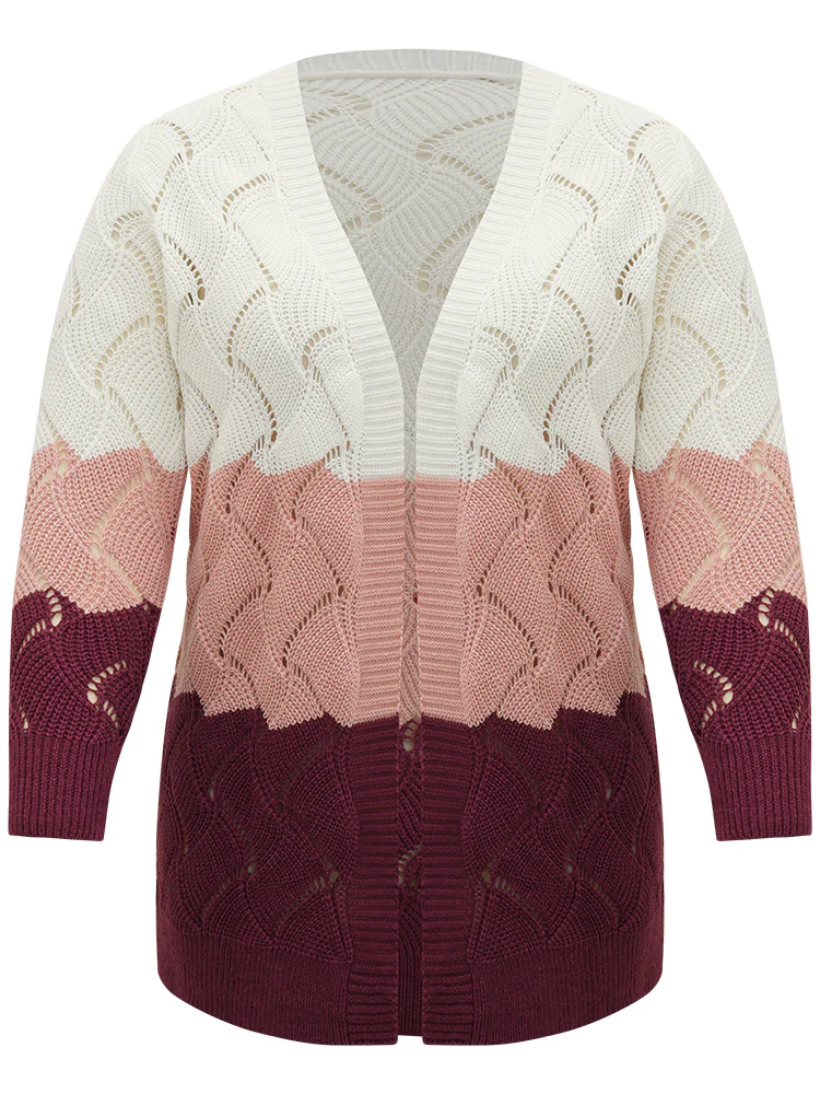 Colorblock Contrast Open Front Eyelet Cardigan - Image 10