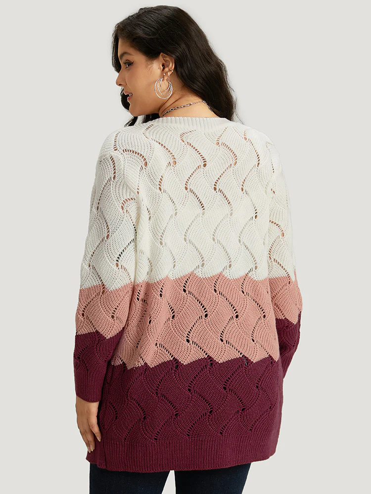 Colorblock Contrast Open Front Eyelet Cardigan - Image 2