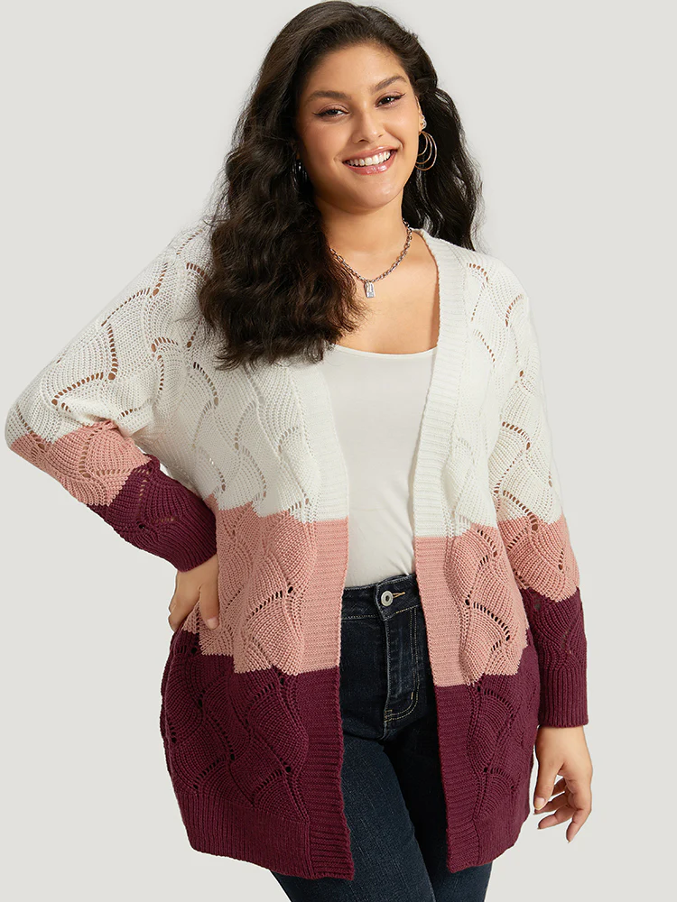 Colorblock Contrast Open Front Eyelet Cardigan - Image 3